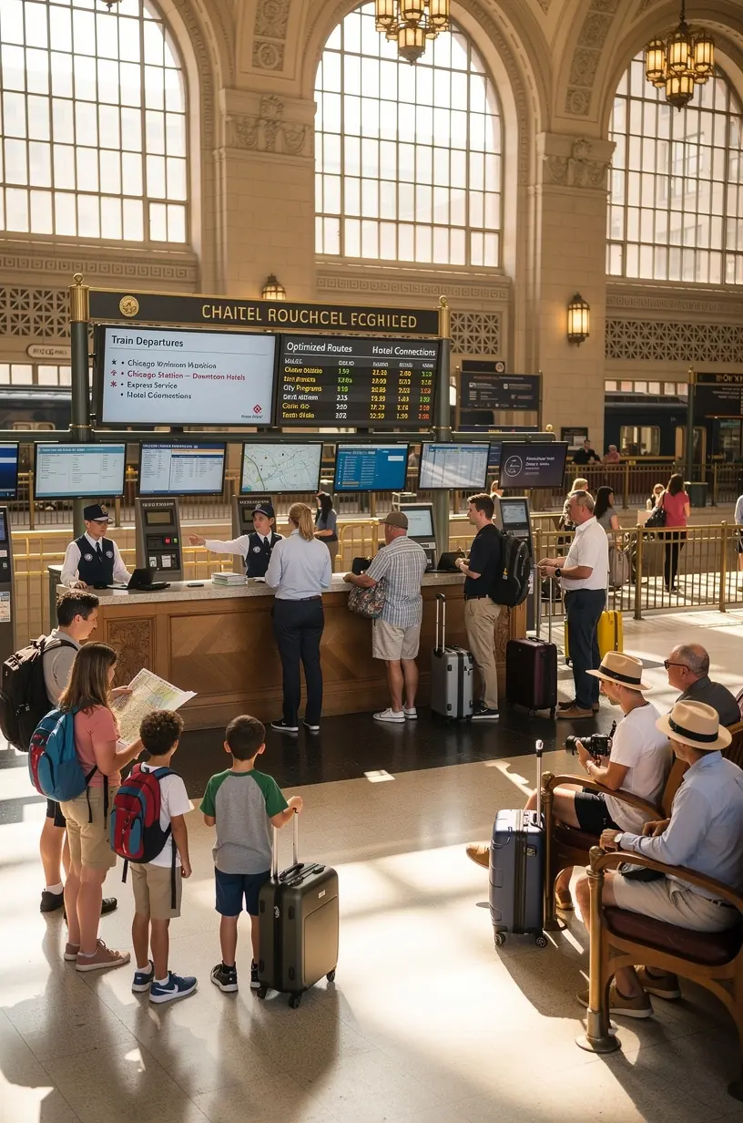Group of tourists exploring a popular city attraction accessible via rail travel, with informational signage visible