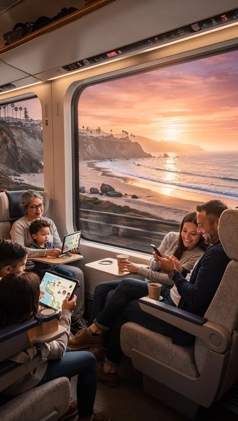 Digital tablet displaying a user-friendly app for selecting optimal train routes, stops, and hotel accommodations