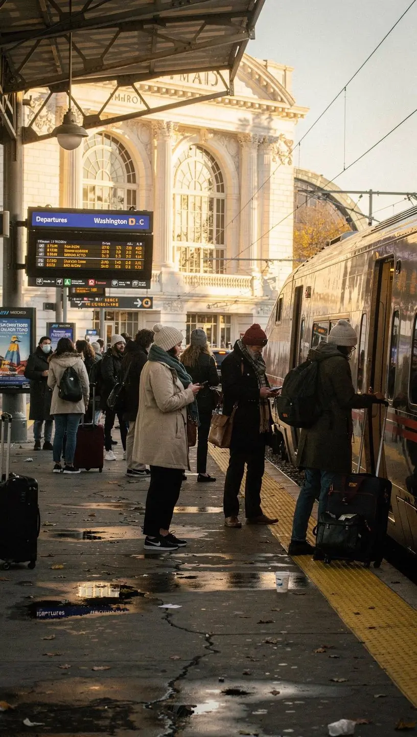 Hotel lobby near a central train station featuring welcoming staff and travel information desks for rail passengers